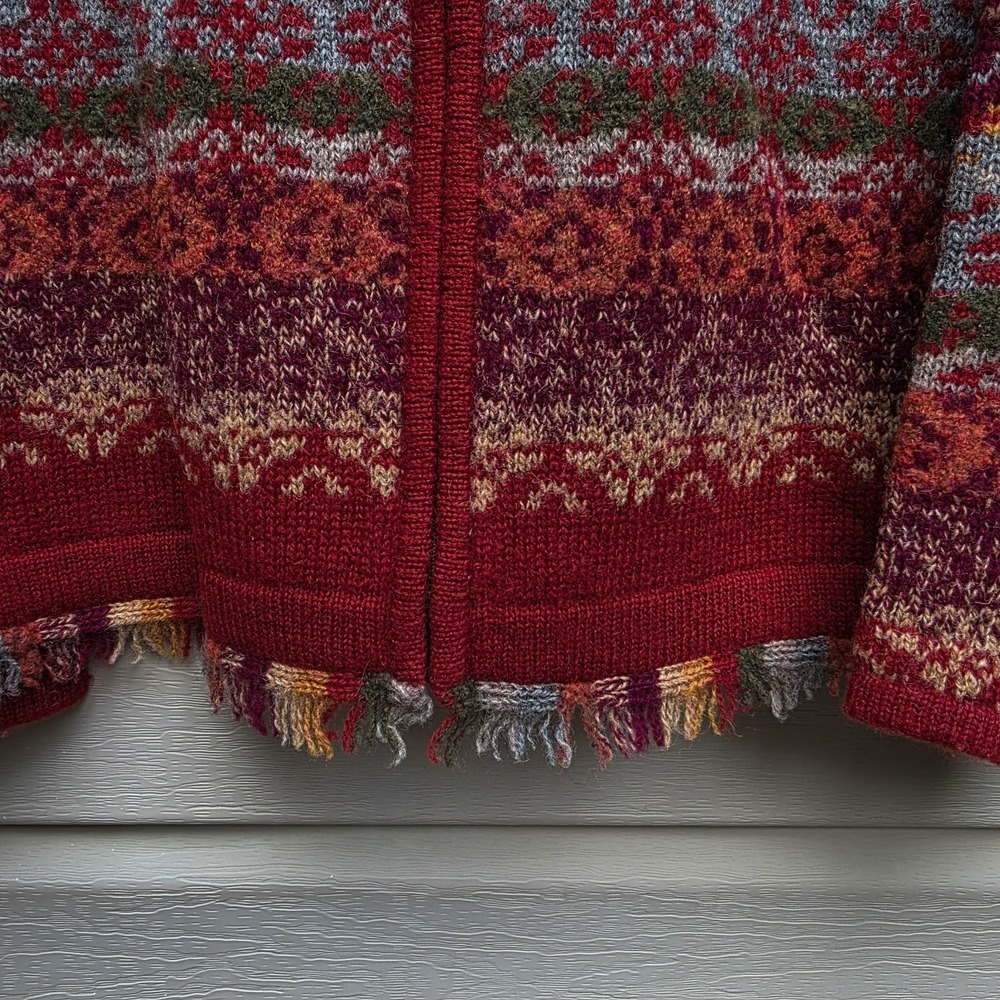 VTG Nordic Scandinavian Wool Cardigan Womens L Fair Isle Zip Fringe Cottage - Picture 5 of 10